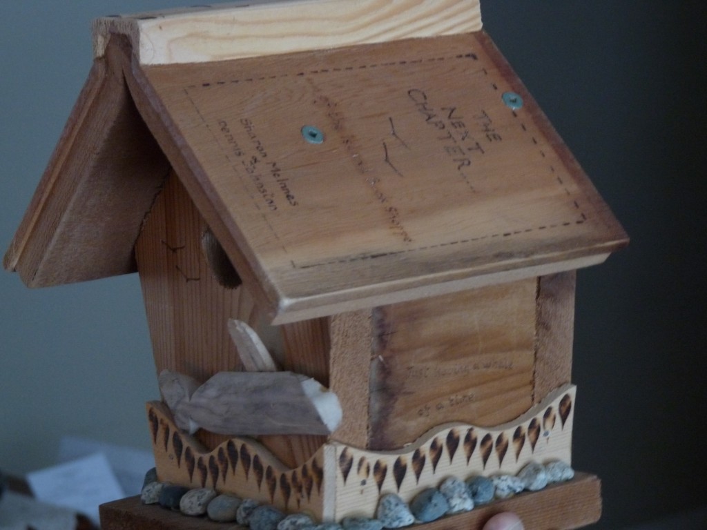 Hand-crafted and inscribed nestbox by Shaun on Gabriola Island. 